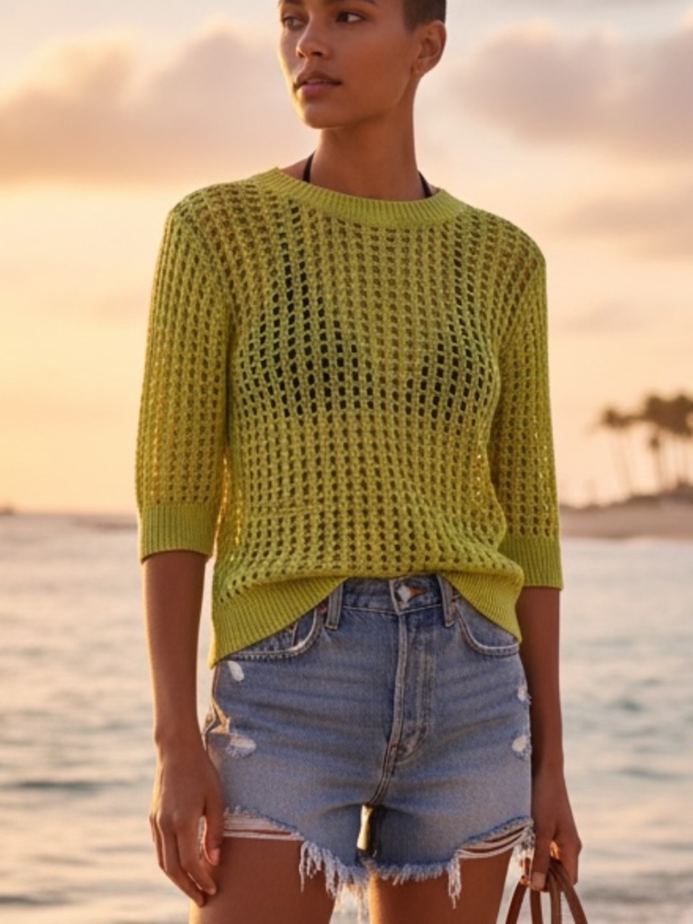 🤩 RD Style Lime Green Open Knit Crew Sweater - Size S